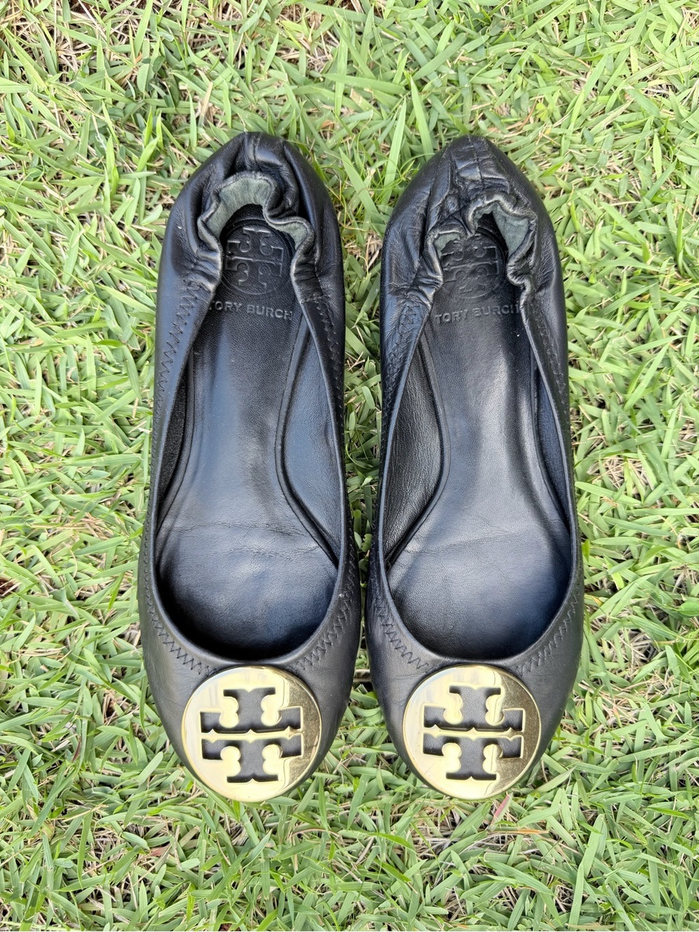 Tory Burch Black Leather Reva Logo Ballet Flats with Gold Medallions